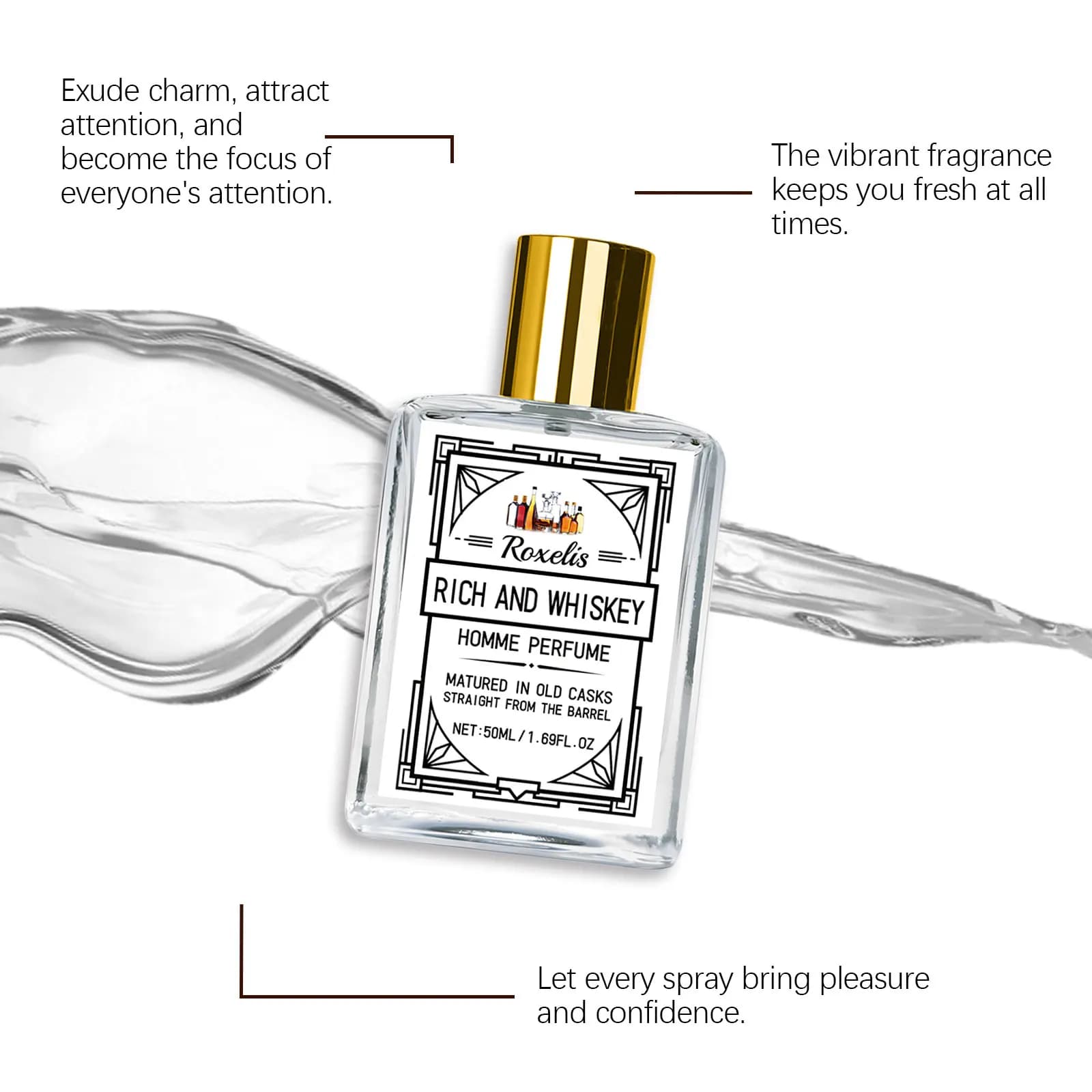 ROXELIS 50 ml de parfum riche et au whisky pour homme, parfum longue durée, améliore le charme personnel, montrer en toute confiance du style et de l'élégance