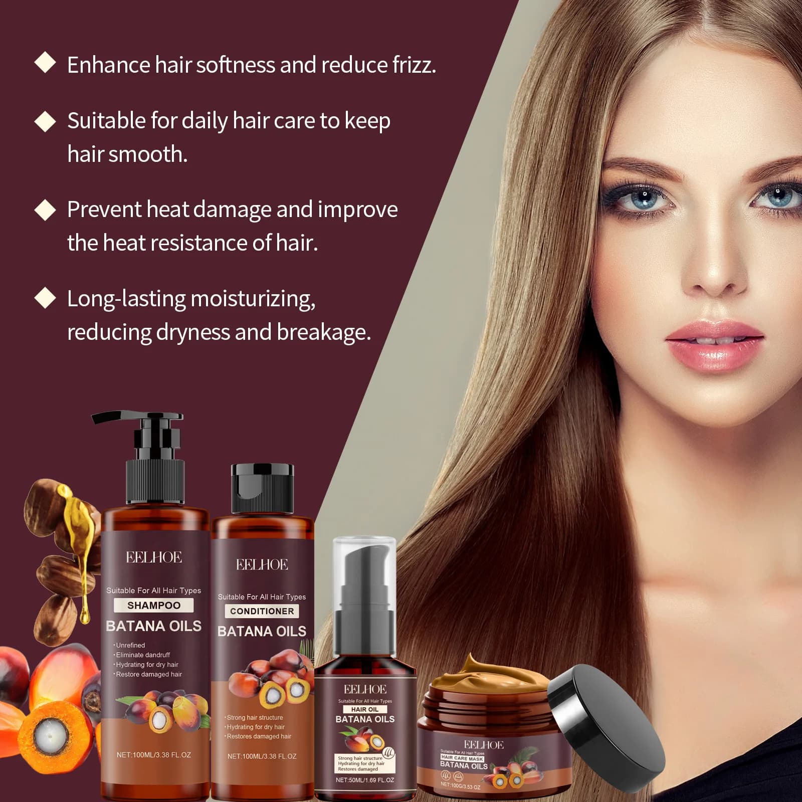 Batana – shampoing renforcant pour cheveux, après-shampooing, Anti-frisottis, hydratant, pour le cuir chevelu, adoucit les cheveux, lissage, réparation, ensemble de soins pour cheveux endommagés
