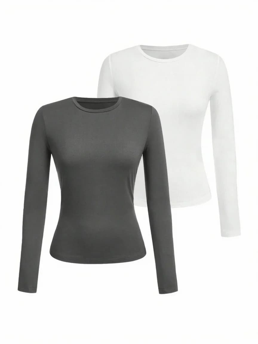 T-shirt femme manches longues couleur unie - Tissu tricoté polyester, col rond, coupe régulière, style automne-hiver