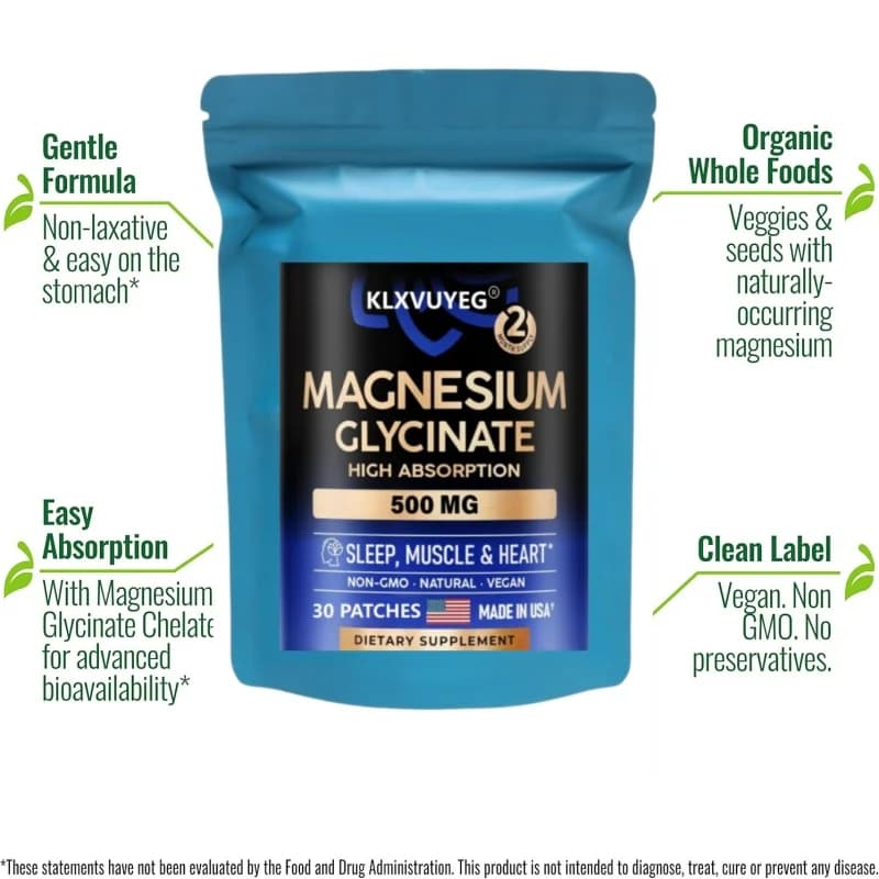 Glycinate de magnésium 500 mg - Complément avec Vitamine D3 et B6 - Chélaté - Favorise un sommeil réparateur, la santé musculaire et cardiaque, 30 patchs