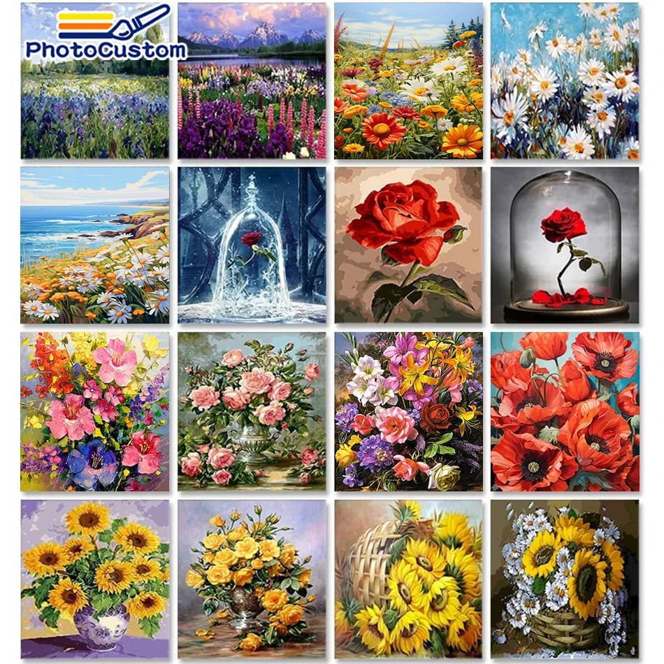 Peinture à l'huile par numéros fleur sur toile avec cadre, peintures de dessin faites à la main pour adultes, coloriage par numéros, décoration artistique