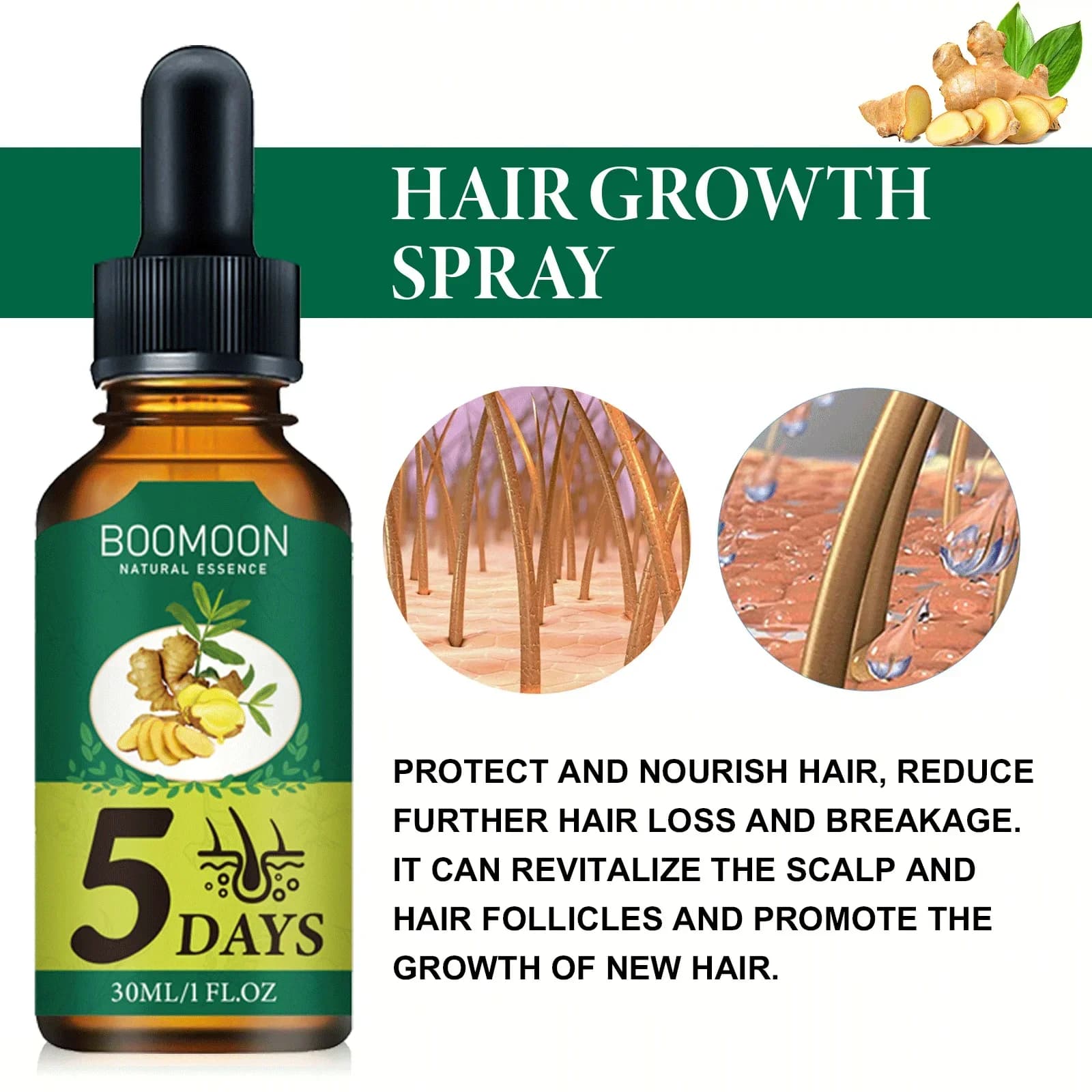 Fluide anti-chute de cheveux au gingembre 30ml - Combat la calvitie, stimule les follicules et nourrit le cuir chevelu, solution de soin capillaire intensive.