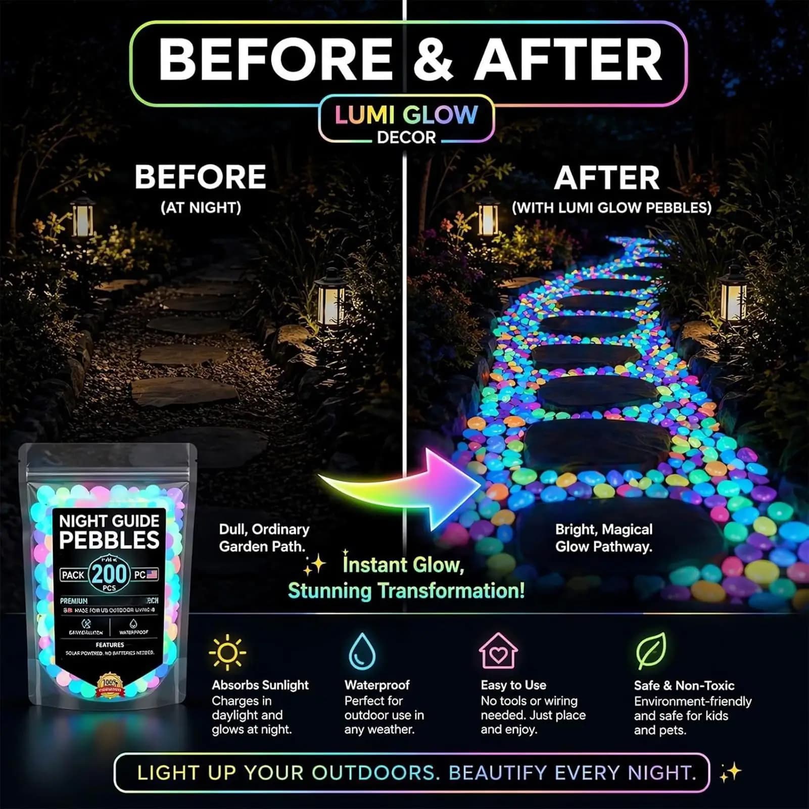 200 pièces de galets lumineux pour jardin, pierres lumineuses pour aménagement extérieur, galets pour cour, allée, aquarium