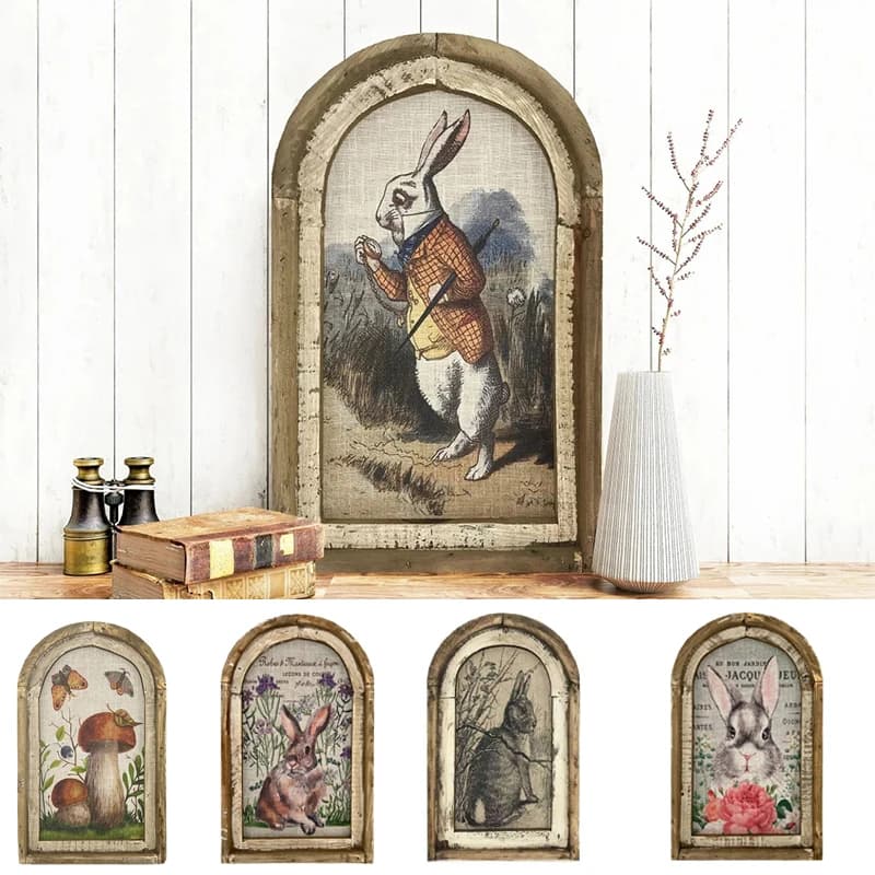 Peinture à l'huile de lapin en bois pour la décoration de la maison, affiche d'art mural rétro, lapin, animaux, impression, décor de Pâques, bébé, vintage