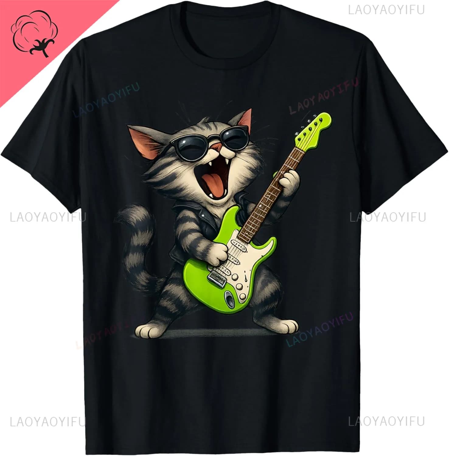 Chat jouant de la guitare Rock Star Rock and Roll pour hommes femmes T-Shirt imprimé conception originale cadeaux t-shirts Camiseta Hombre