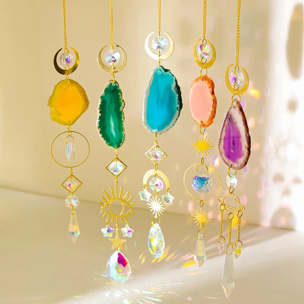 Attrape-soleil en Agate avec pierres naturelles, pour fabricant d'arc-en-ciel, attrape-soleil suspendu en cristal pour sorcière, carillon à vent, décoration murale