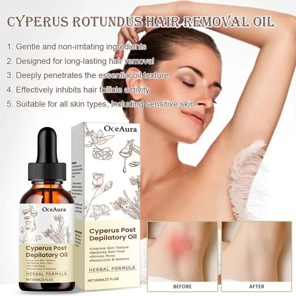 Huile Essentielle Naturelle de Cyperus Rotundus 60ml pour Épilation, Hydratation, Apaisement de la Peau, Réduction des Poils Corporels, Épilation Indolore Post-traitement