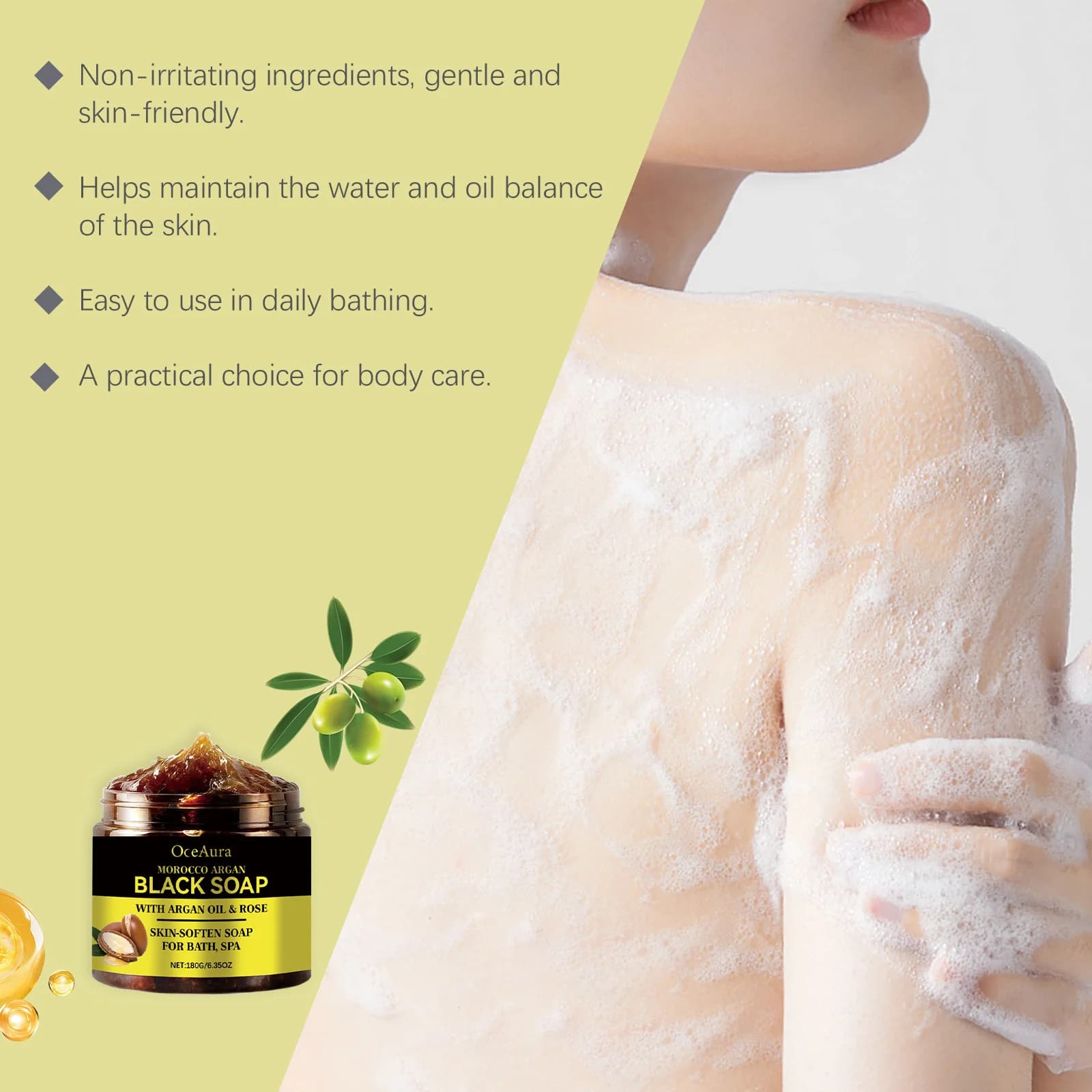 OceAura 180g Savon noir à l'argan marocain Nettoyage en profondeur et hydratant longue durée Exfoliation douce et peau lisse