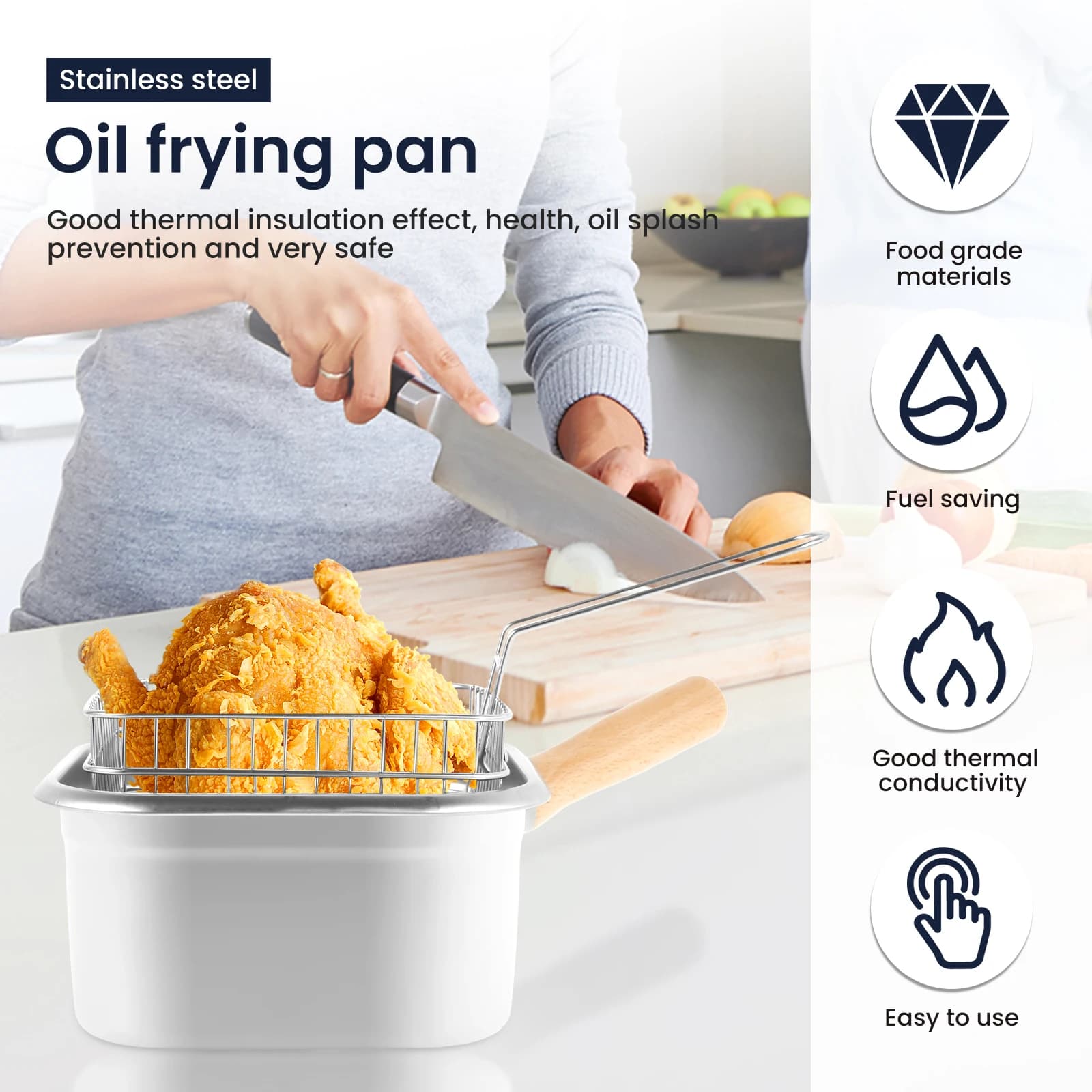 Poêle à frire carrée en acier inoxydable, poêle à frire carrée à économie d'huile avec panier et poignée, friteuse polyvalente avec couvercle