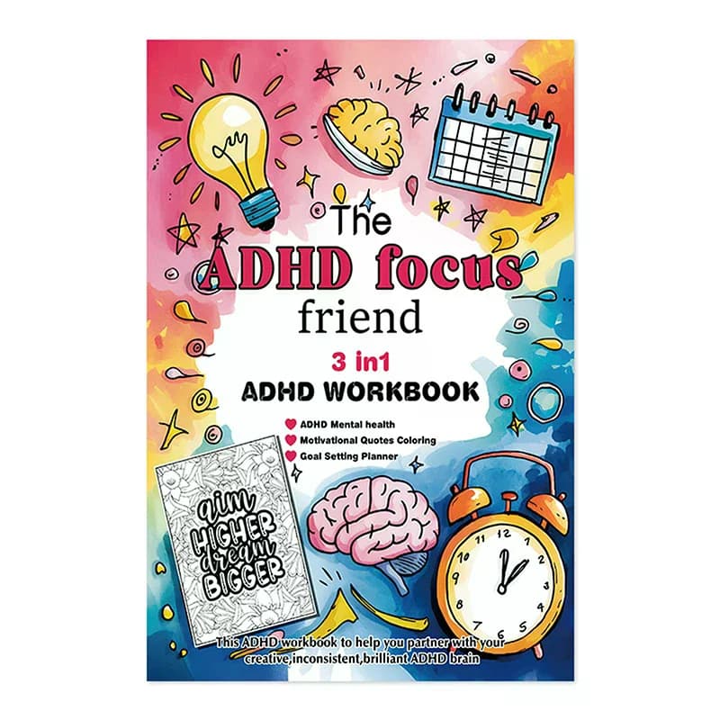Le cahier d'exercices 3 en 1 pour le TDAH Focus Friend, planificateur d'objectifs de santé mentale avec activités et illustrations, livre de coloriage pour adultes