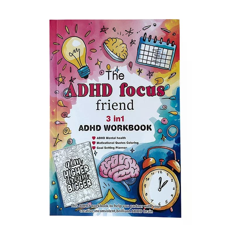 Le cahier d'exercices 3 en 1 pour le TDAH Focus Friend, planificateur d'objectifs de santé mentale avec activités et illustrations, livre de coloriage pour adultes