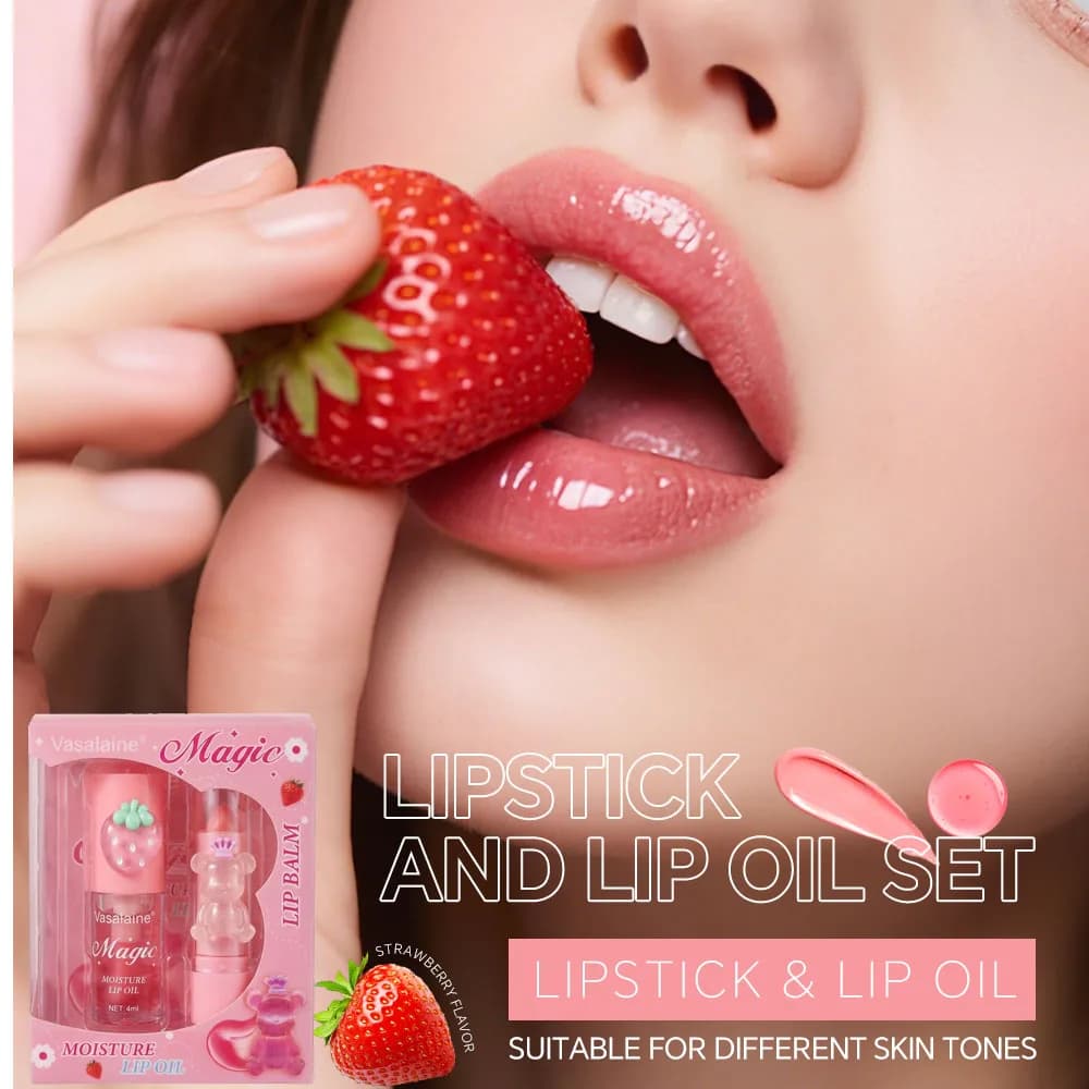 Ensemble d'huile et de baume à lèvres hydratants magiques, nourrissants, non collants, finition brillante, produits pour les lèvres mignons en forme d'ours et de fraise