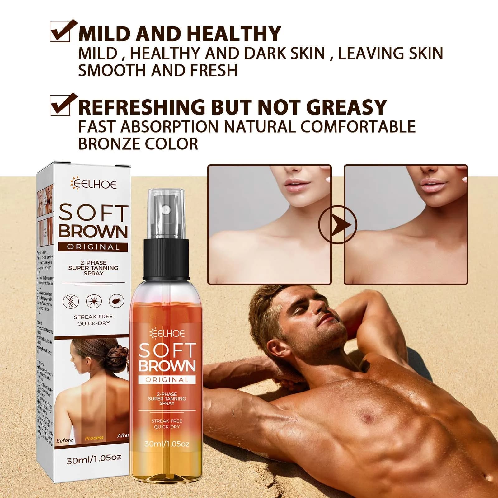 Spray autobronzant, bronzant naturel doux et Antique