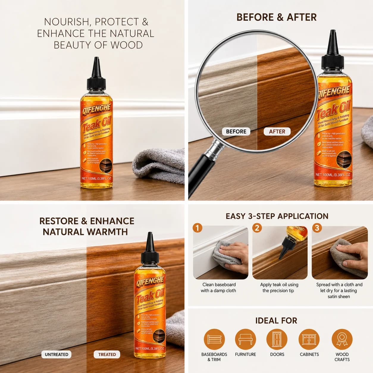Huile de teck professionnelle pour meubles en bois 100ML, soin nourrissant facile à appliquer pour réparer le bois endommagé et restaurer une brillance durable
