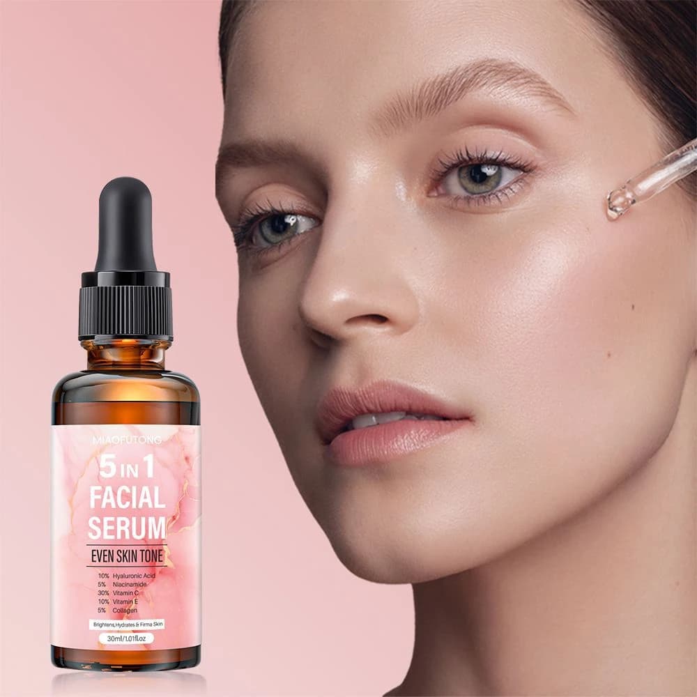 Sérum anti-âge 5 en 1 avec 30% de vitamine C, 10% d'acide hyaluronique, 5% de niacinamide pour éclaircir et hydrater tous les types de peau