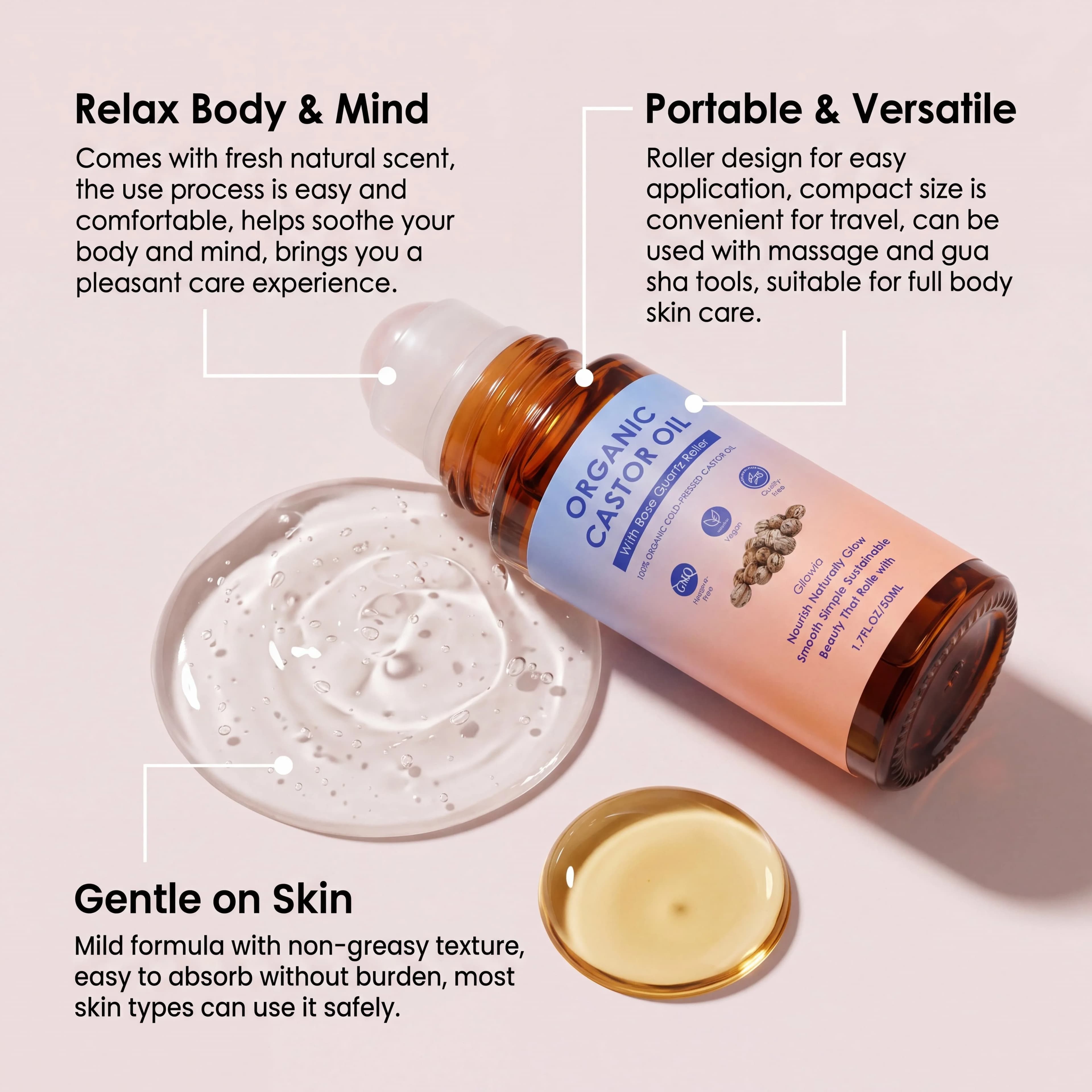 Huile de ricin biologique avec applicateur à bille en quartz rose, 100 % pure, pressée à froid, sans hexane, pour le corps, les sourcils et les soins de massage cutané