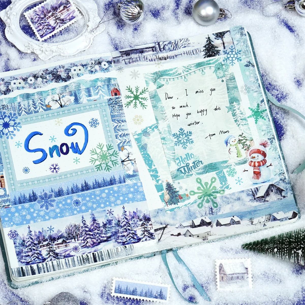 18 rouleaux/boîte, ruban washi scène de neige de noël, adapté au journal de bricolage, décoration de boîte-cadeau, cadeau de noël pour amis