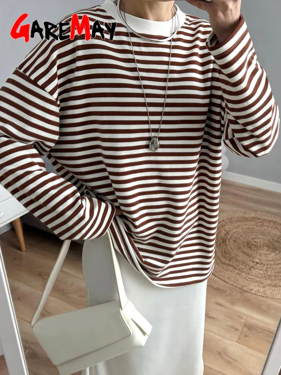 T-shirt Rayé à Manches sulfpour Femme, 95% Coton, Noir et Blanc, Décontracté, Basique, Vintage