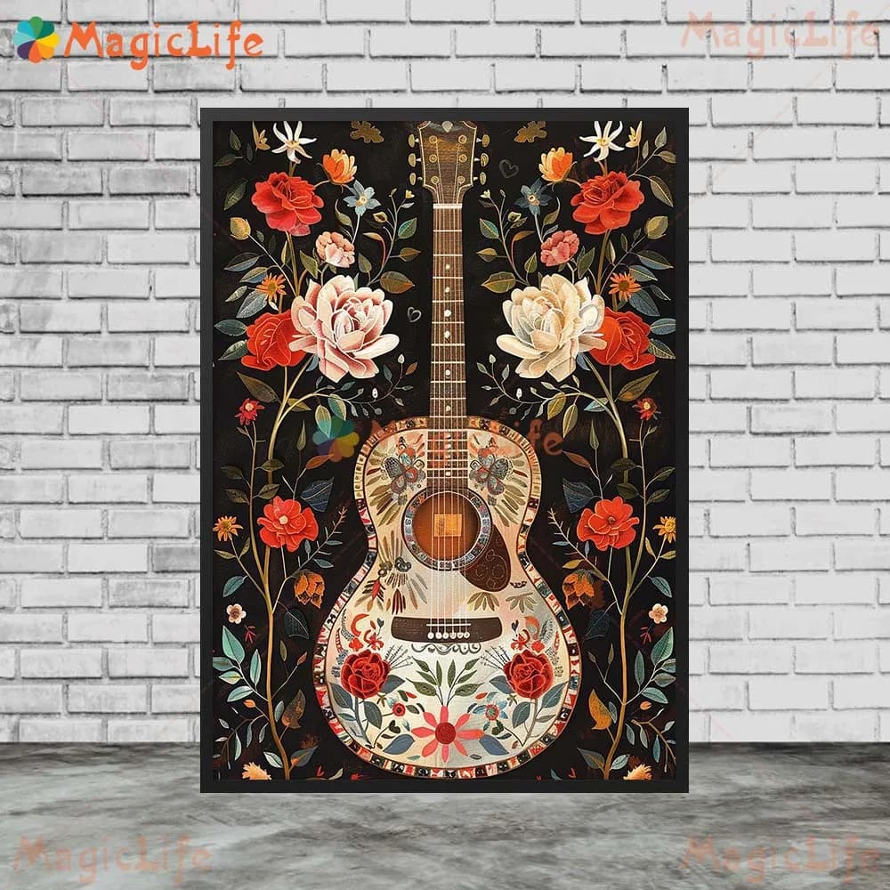 Affiches murales de crâne de fleur, le jour des morts au mexique, images murales pour salon, guitare, peinture sur toile d'art mural sans cadre
