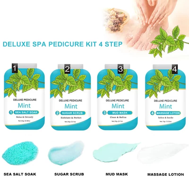Ensemble de soins pour les pieds 4-en-1 : sels de bain pour les pieds, gommage exfoliant, crème et masque pour les pieds. Ensemble de bain de pieds 4 pièces, soin des pieds à domicile