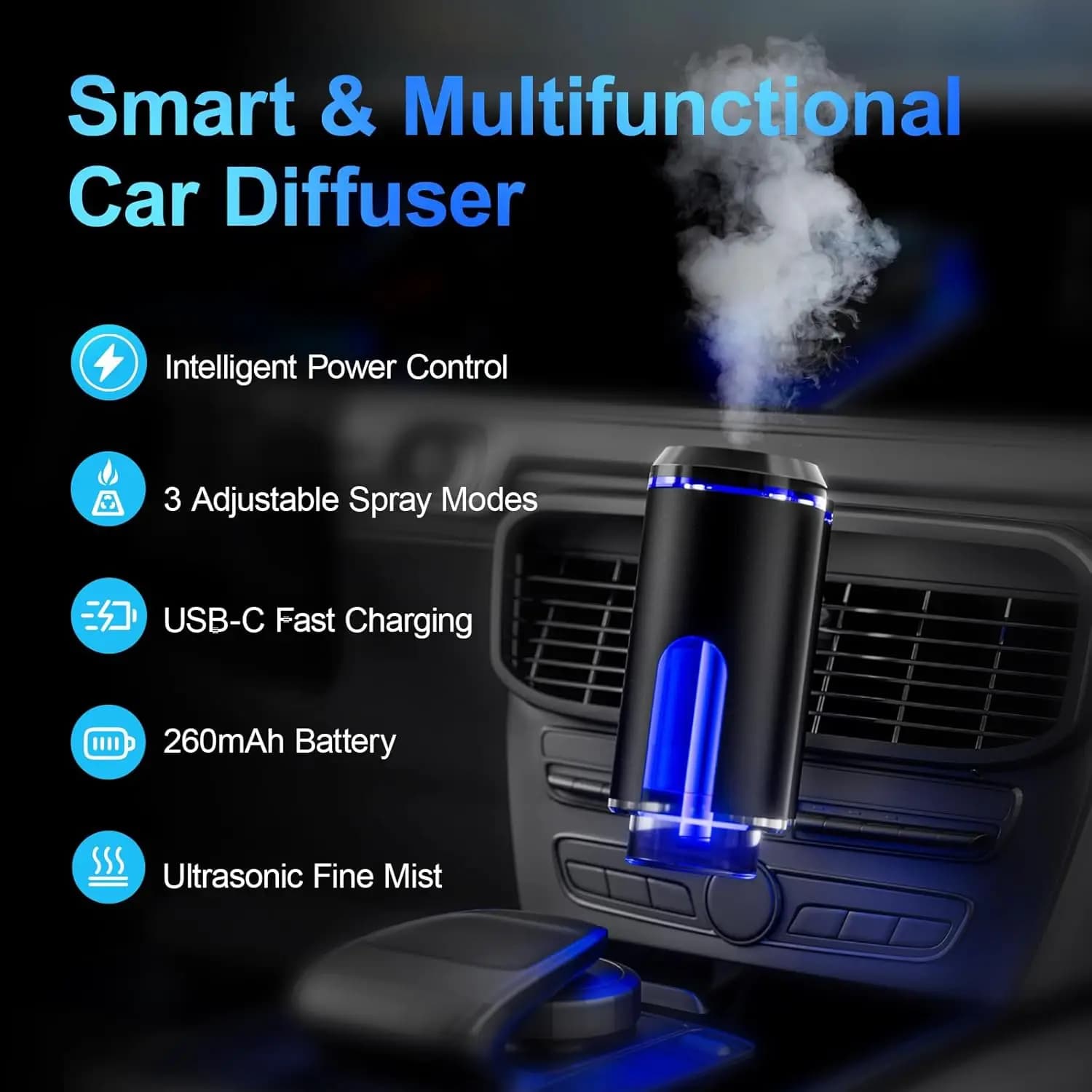 Diffuseur d'air frais intelligent pour voiture – Diffuseur d'aromathérapie à activation/déactivation automatique avec 3 modes de parfum, rechargeable par USB, clip de ventilation, longue durée