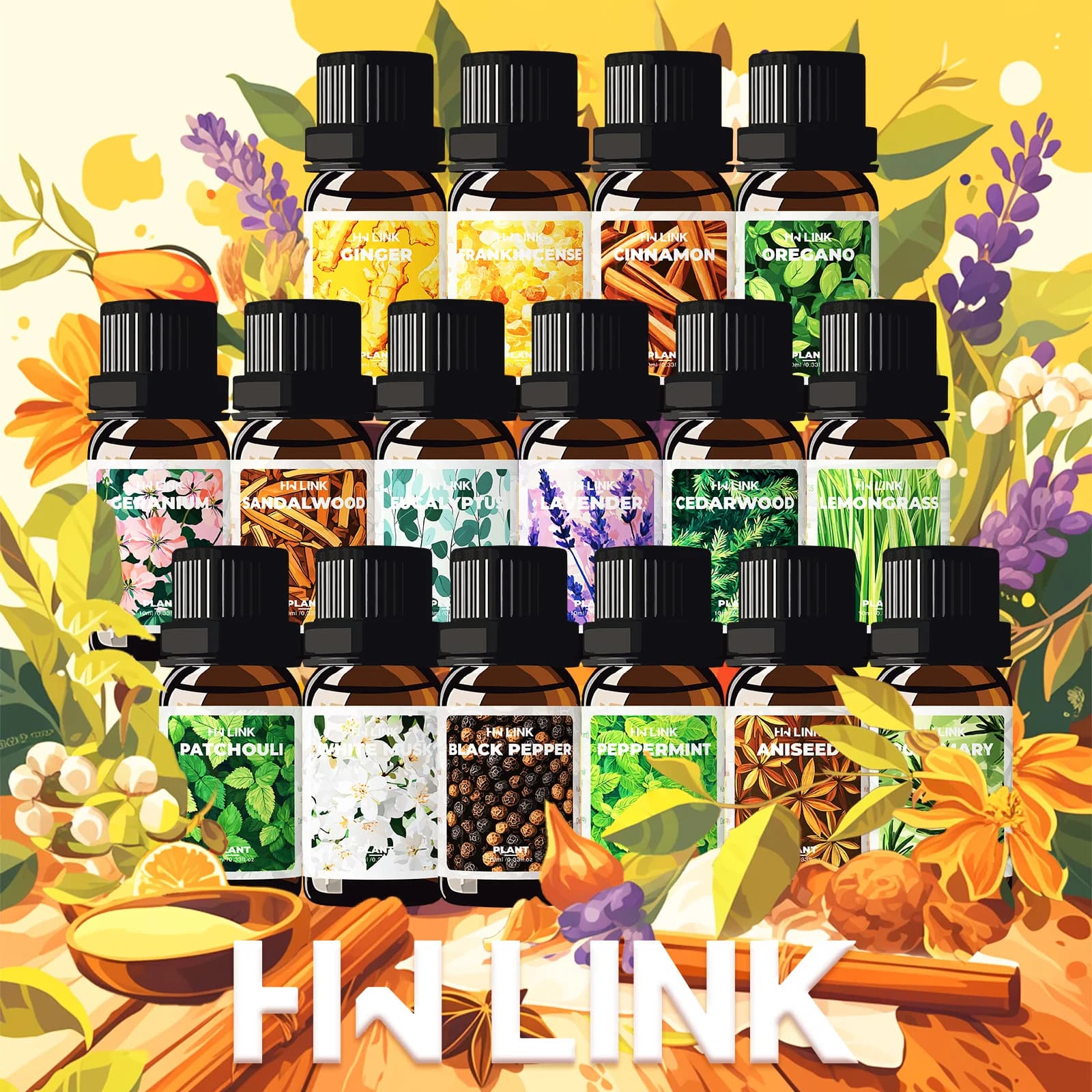 16 types d'huiles essentielles végétales naturelles de 10 ml pour diffuseur