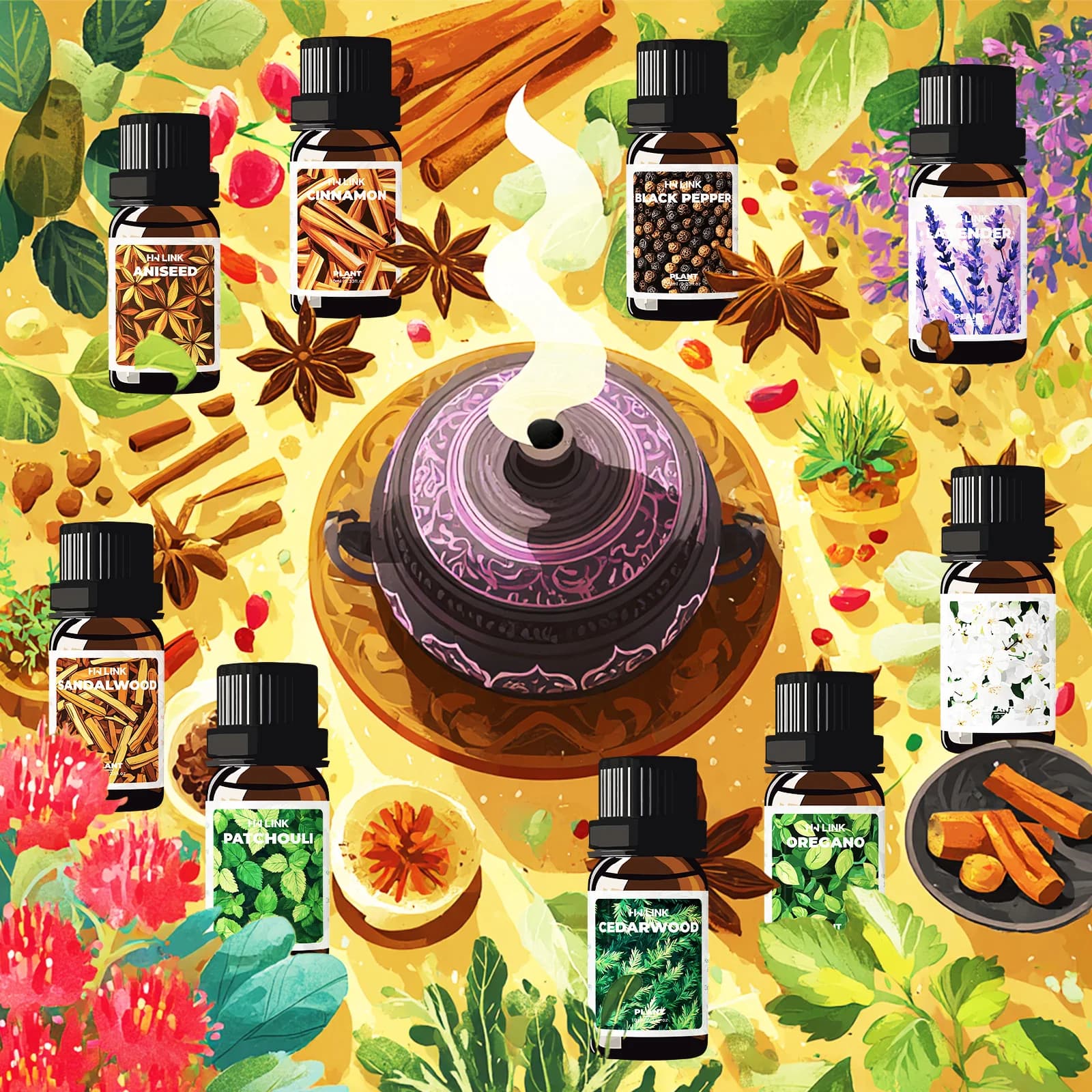 16 types d'huiles essentielles végétales naturelles de 10 ml pour diffuseur