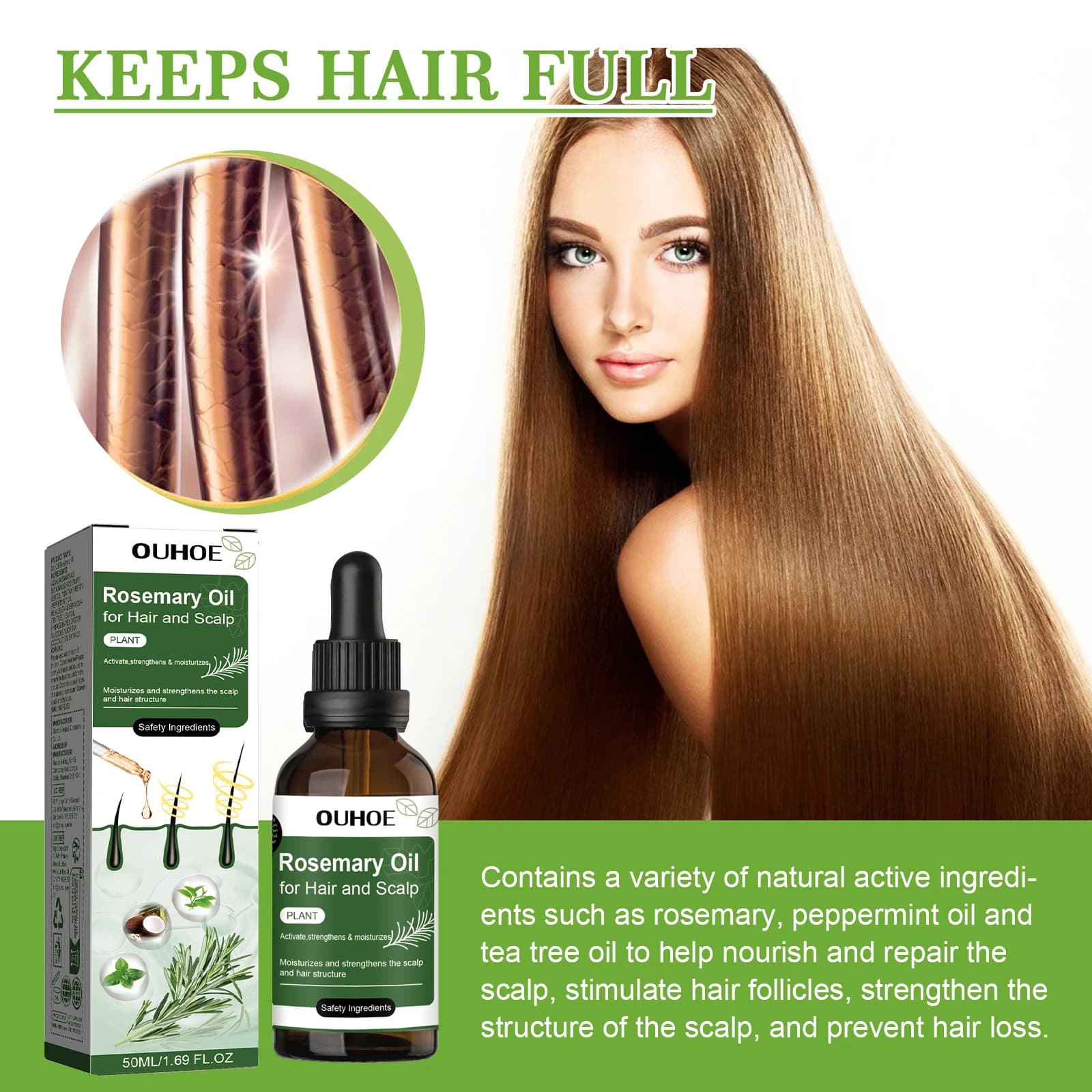 Huile de romarin pour cheveux 50ml traitement du cuir chevelu avec huile de noix de coco et de menthe poivrée sérum capillaire nourrissant pour une force brillante tous les Types de cheveux