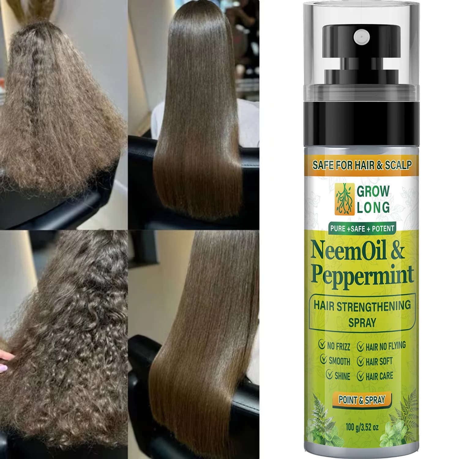 Spray fortifiant pour cheveux à l'huile de Neem et à la menthe poivrée - Lisse et brillant