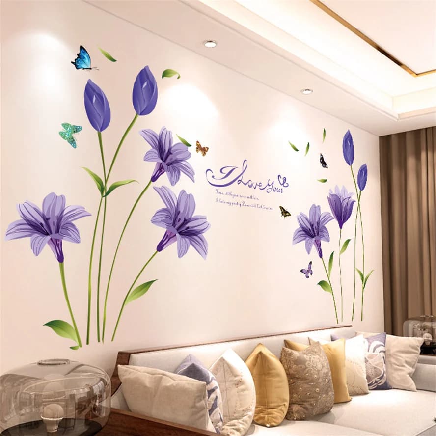 Autocollants muraux violets lavande pour salon, sparadrap muraux auto-adhésifs à fleurs et papillons, décorations murales pour chambre à coucher et maison, DIY bricolage