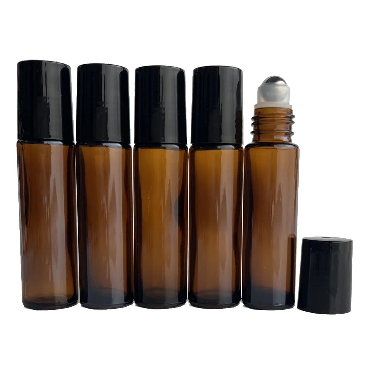 Lot de 5 flacons roll-on vides de 10 ml en verre ambré épais avec bille roulante en acier pour huiles essentielles et parfums – Recharge aromathérapie
