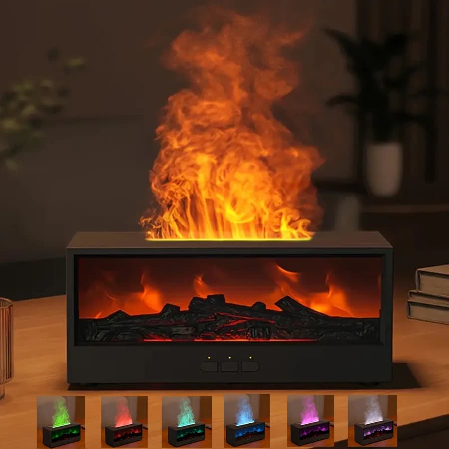 Humidificateur de cheminée simulée, diffuseur d'arômes à flamme 3D simulée, avec télécommande de minuterie pour diffuseur d'arômes lumineux