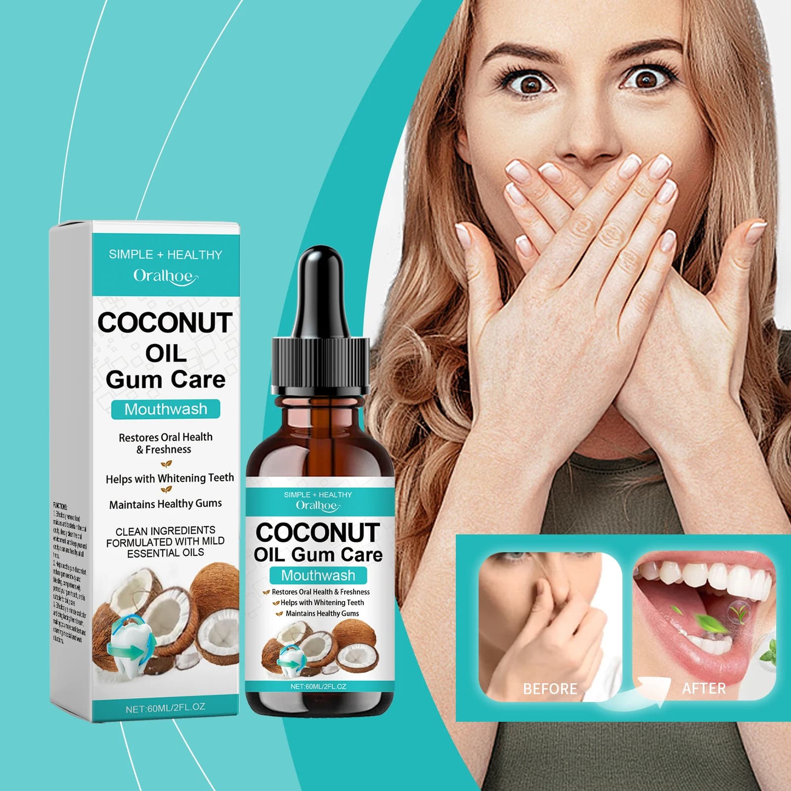 Huile de traction de menthe de noix de coco, bain de bouche, dissolvant de taches de dents sans alcool, blanchiment des odeurs, haleine fraîche, hygiène buccale