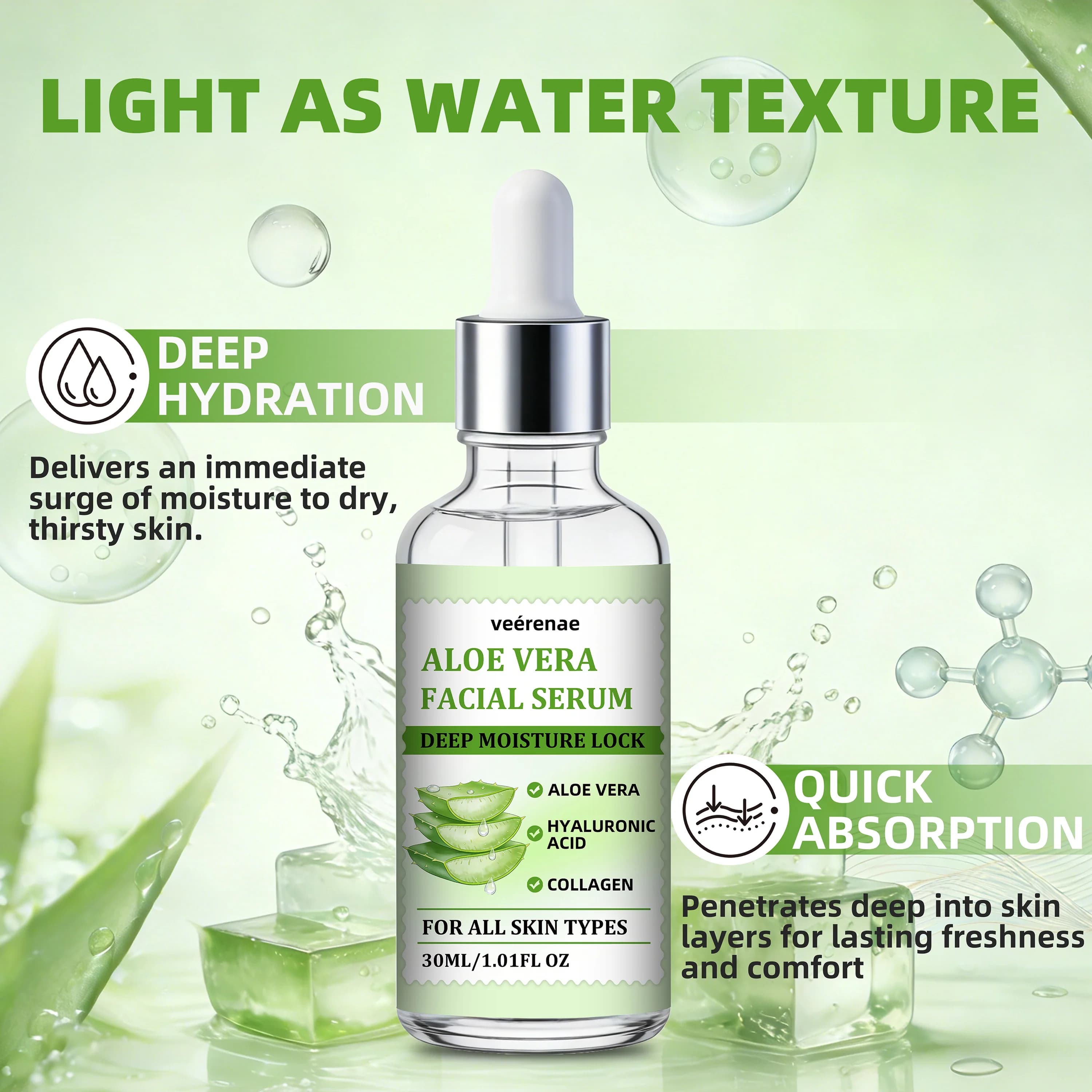 veérenae ALOE VERA FACIAL SERUM - Hydratant et apaisant, sans huile, à absorption rapide et non gras, idéal pour les soins quotidiens de la peau