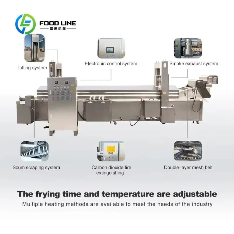 Machine de friture industrielle automatique continue personnalisée avec filtration d'huile intégrée pour fruits de mer/légumes