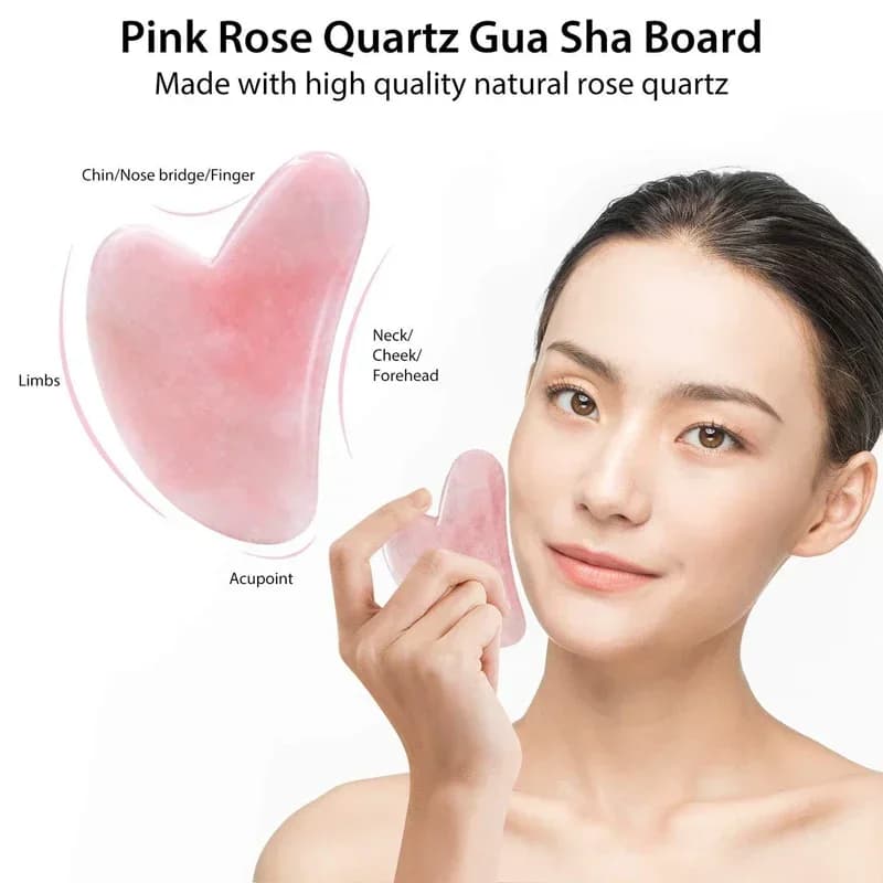 Rouleau de Jade en Quartz Rose naturel et ensemble Gua Sha, masseur pour le visage, lecture de Jade, grattoir en forme de cœur, outil de Massage pour soins de la peau