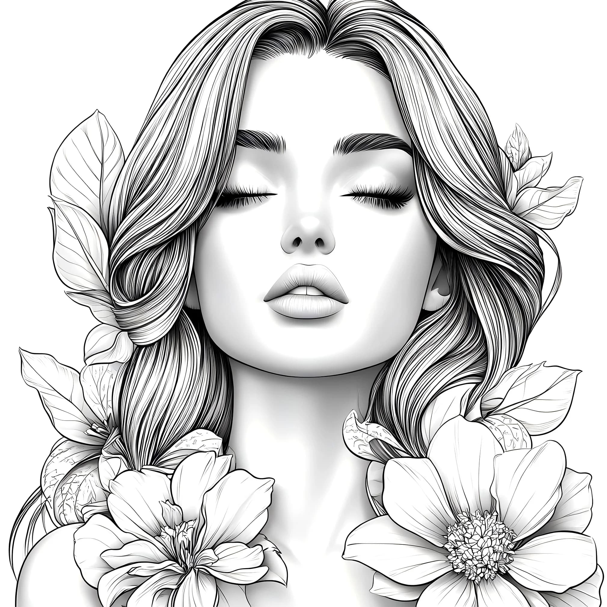 Livre d'images pour adultes : belles femmes en floraison pour une pratique du maquillage avec des portraits détaillés et des techniques de crayons à colorier