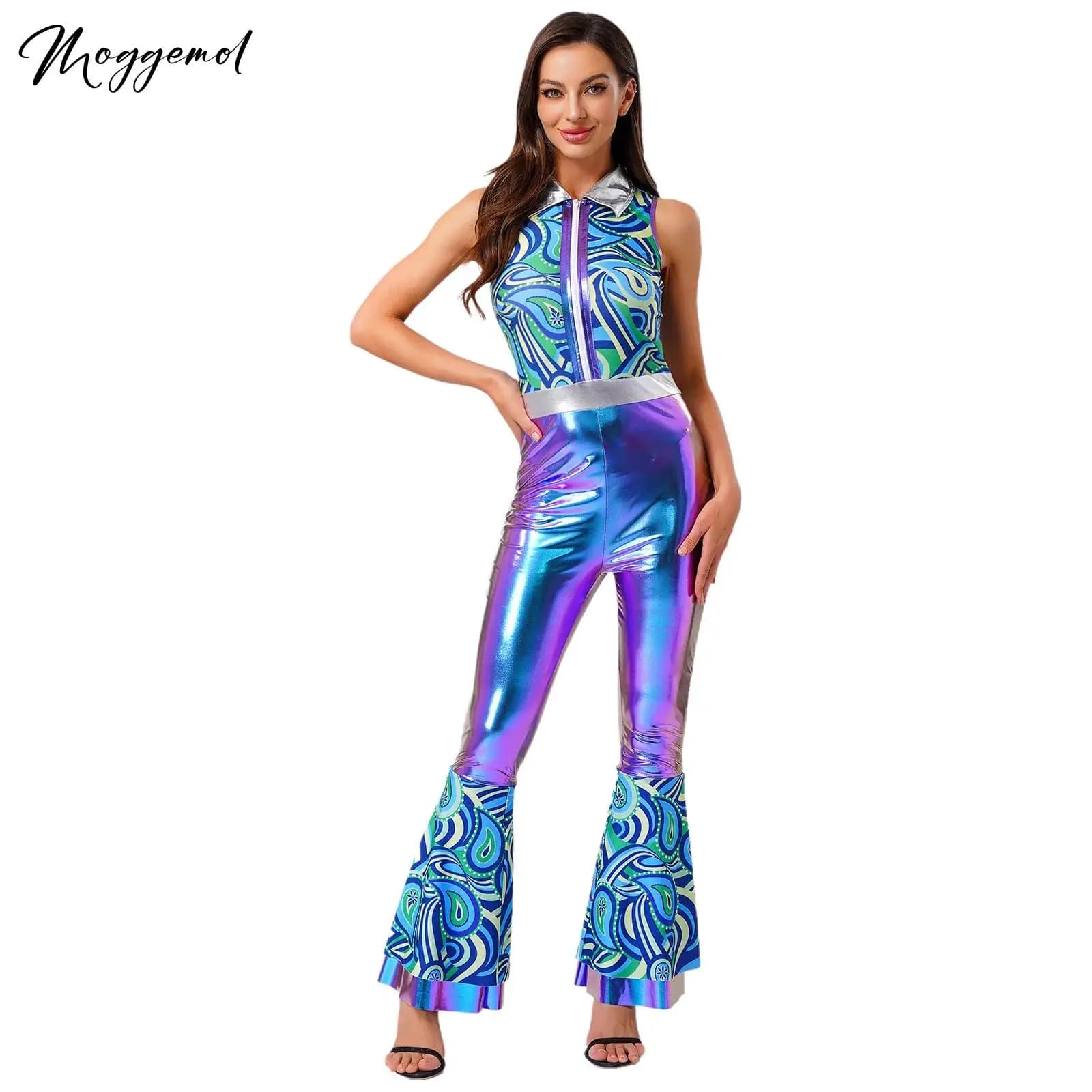 Barboteuse de danse Disco pour femmes des années 70, imprimé Chic et Patchwork métallique brillant, sans manches, pantalon Long évasé à plusieurs niveaux, combinaison pour fête
