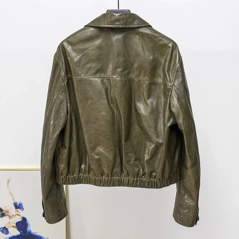 Veste en cuir de cire d'huile avancée pour Femmes automne hiver Femme 100% peau d'agneau col carré taille élastique manteau ample Vestes Femmes
