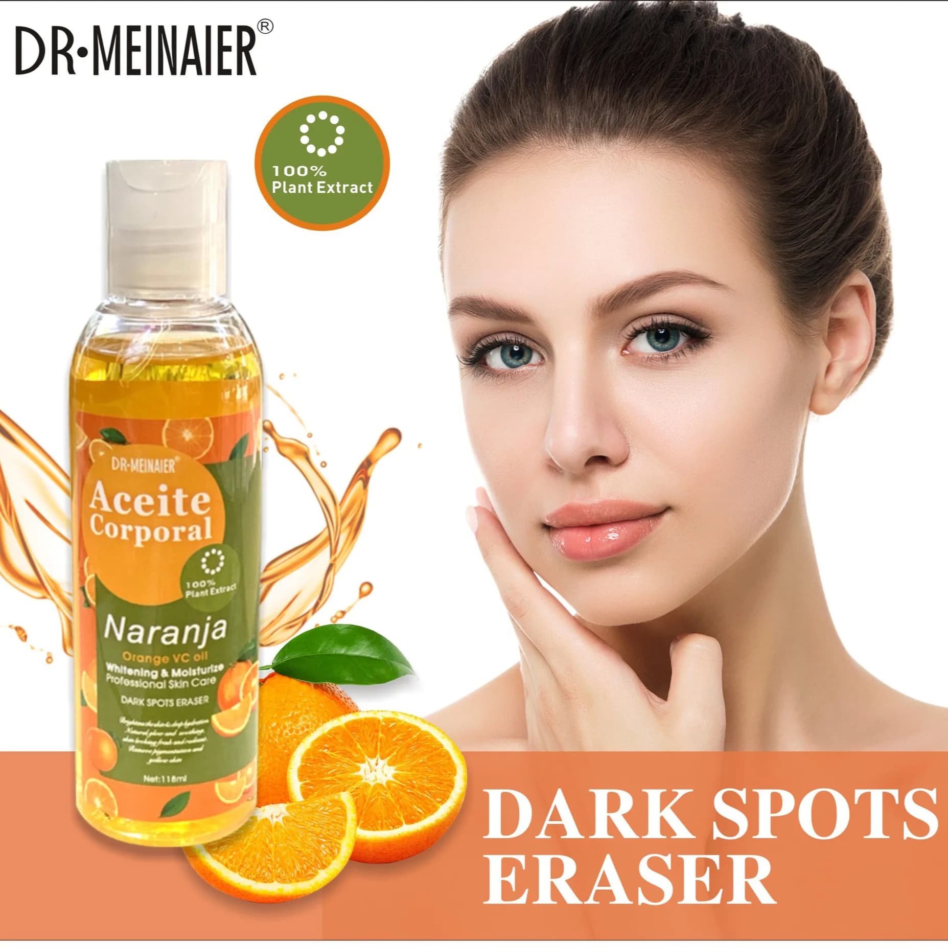 Huile de massage hydratante éclaircissante à l'orange VC 118 ml avec vitamine E