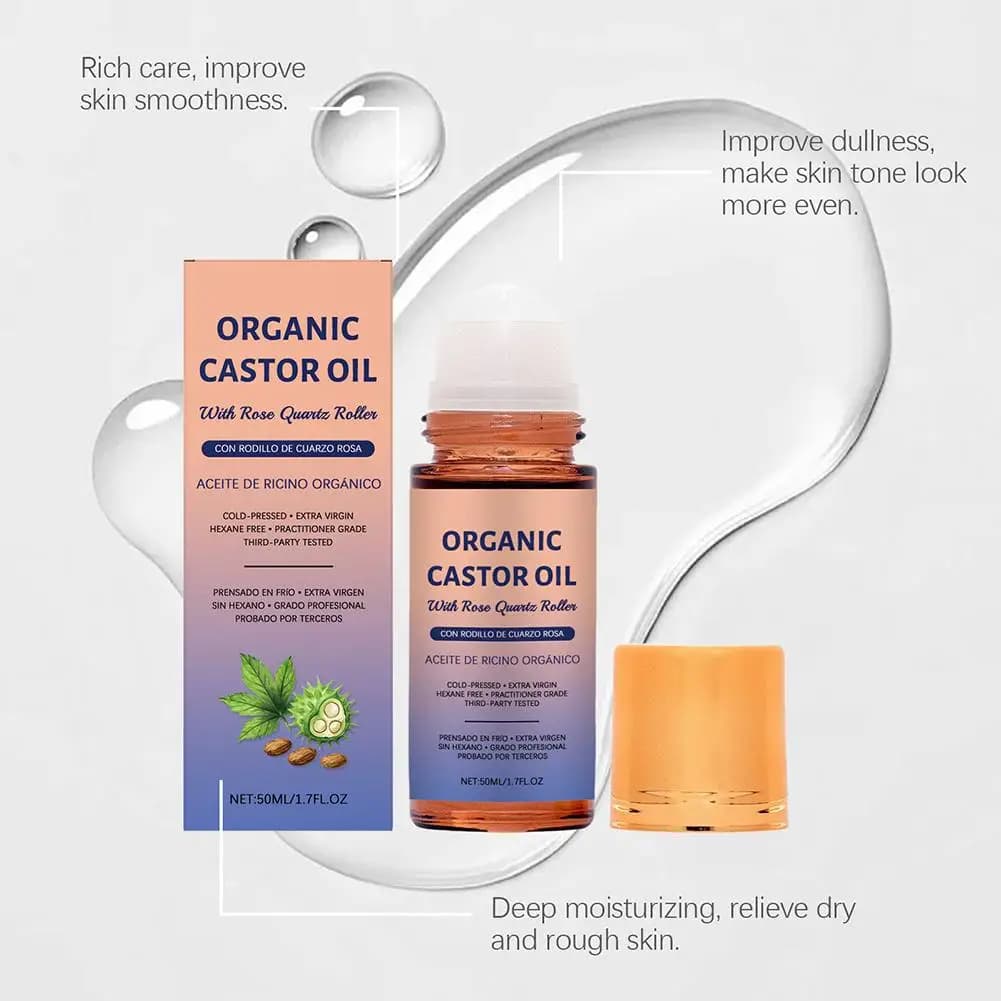 Huile de ricin biologique avec applicateur à bille en quartz rose