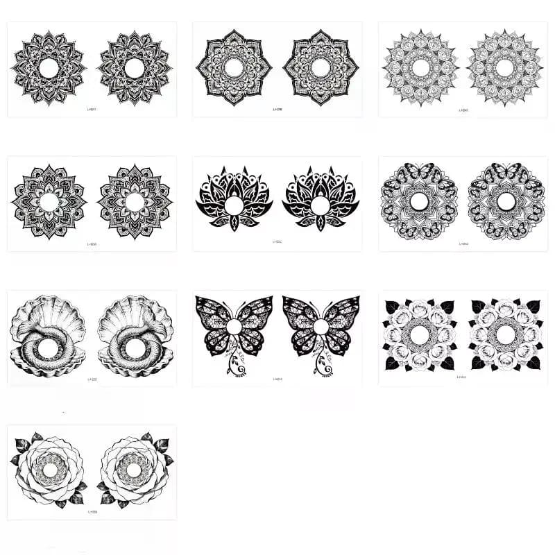 10 feuilles d'autocollants de tatouage sexy pour la poitrine pour adultes, tatouages mandala et papillon, autocollants d'art corporel, imperméables et faciles à enlever