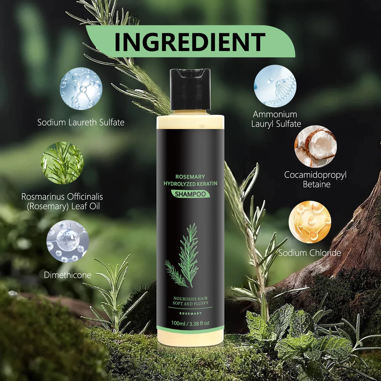 Shampooing anti-pelliculaire régulateur de sébum à l'huile de romarin - Répare les pointes fourchues, apaise le cuir chevelu et fortifie les cheveux pour les soins estivaux.