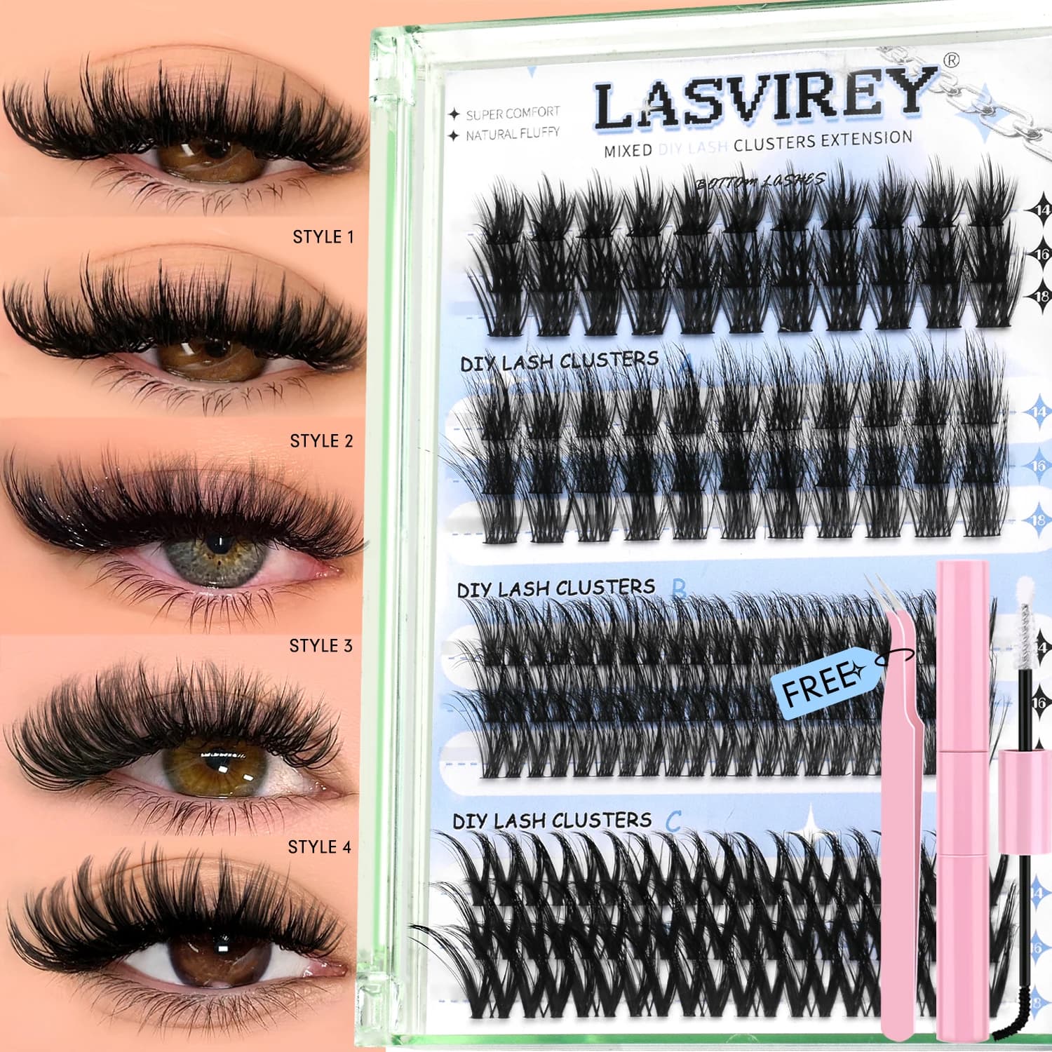 Lasvirey Kit de faux cils en touffes à faire soi-même : extensions de cils individuelles 4 en 1, volume et volume, avec colle et fixateur.