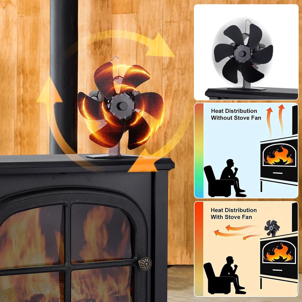 Ventilateur de cheminée noir, poêle à bois de chauffage, poêle à bûches, cuillère à soupe, silencieux muet, distribution de chaleur domestique, 6 pièces, 62