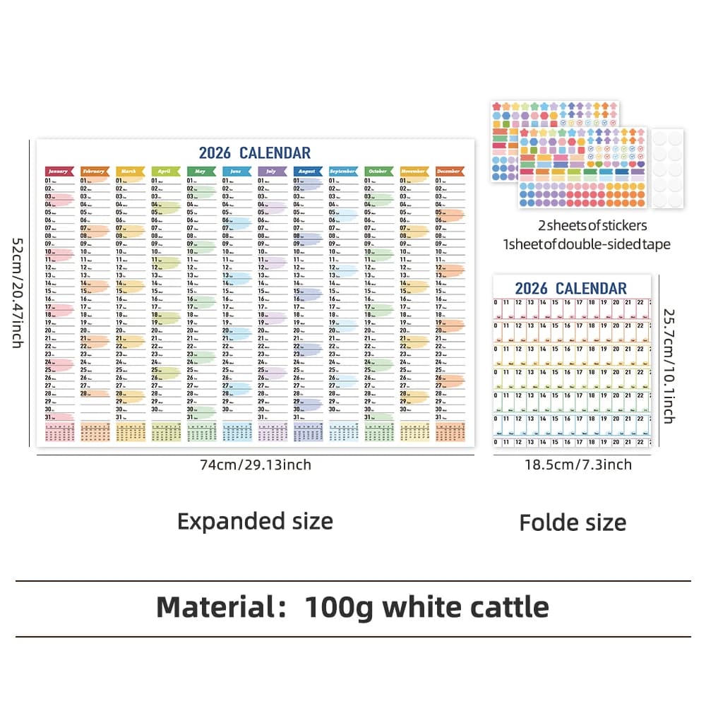 Calendrier mural en papier coloré 2026 avec autocollants