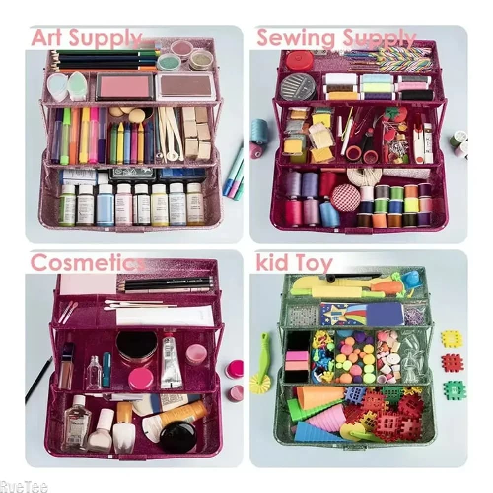 Boîte de rangement à main pliable à 3 couches, boîtes d'accessoires de cosmétiques de beauté à paillettes avec poignée, boîte à outils de maquillage de grande capacité pour usage domestique