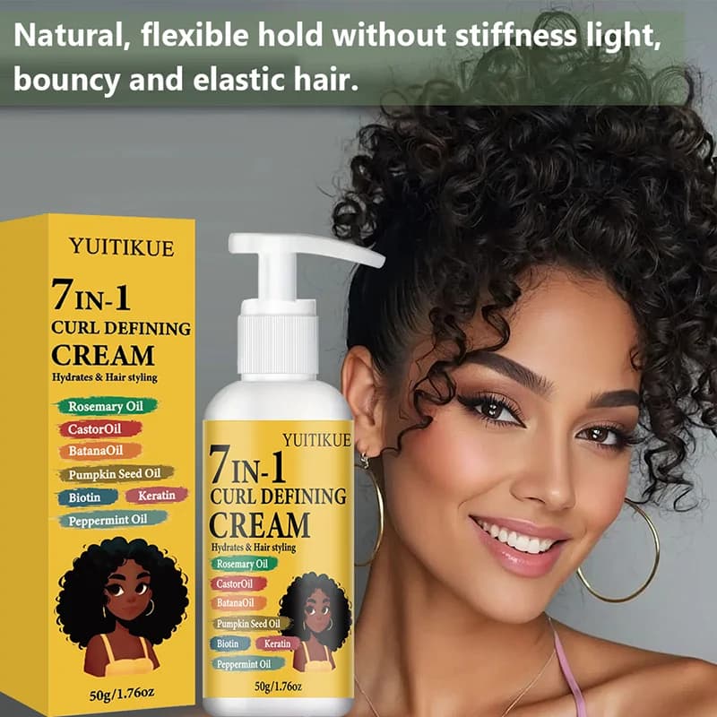 Crème définissante pour boucles YUITIKUE 7-en-1, crème coiffante hydratante pour cheveux bouclés avec huile de romarin et huile de ricin