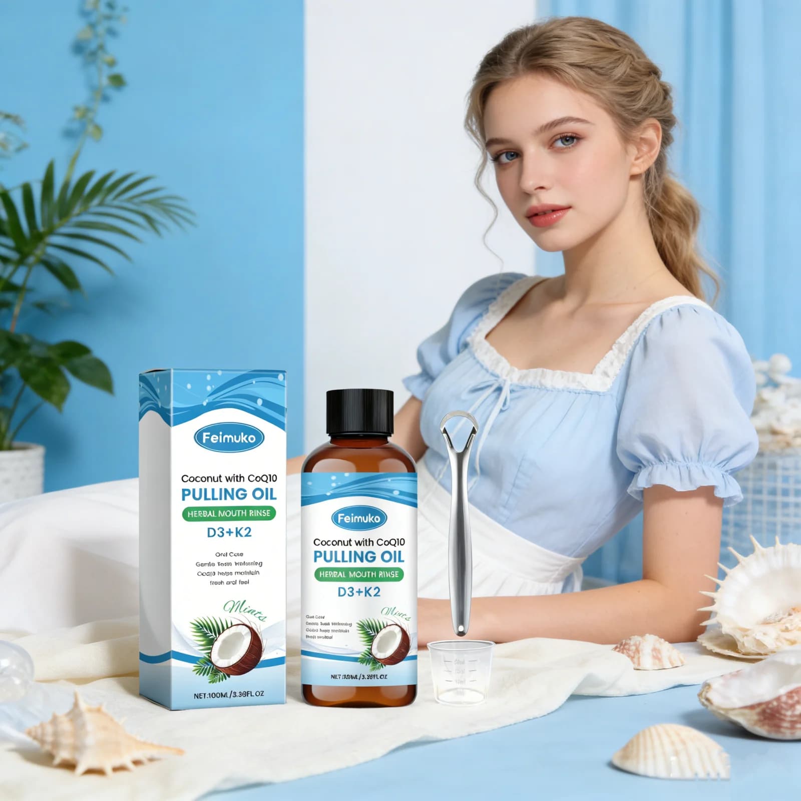 Kit de Bain de Bouche à l'Huile de Coco avec Grattoir à Langue