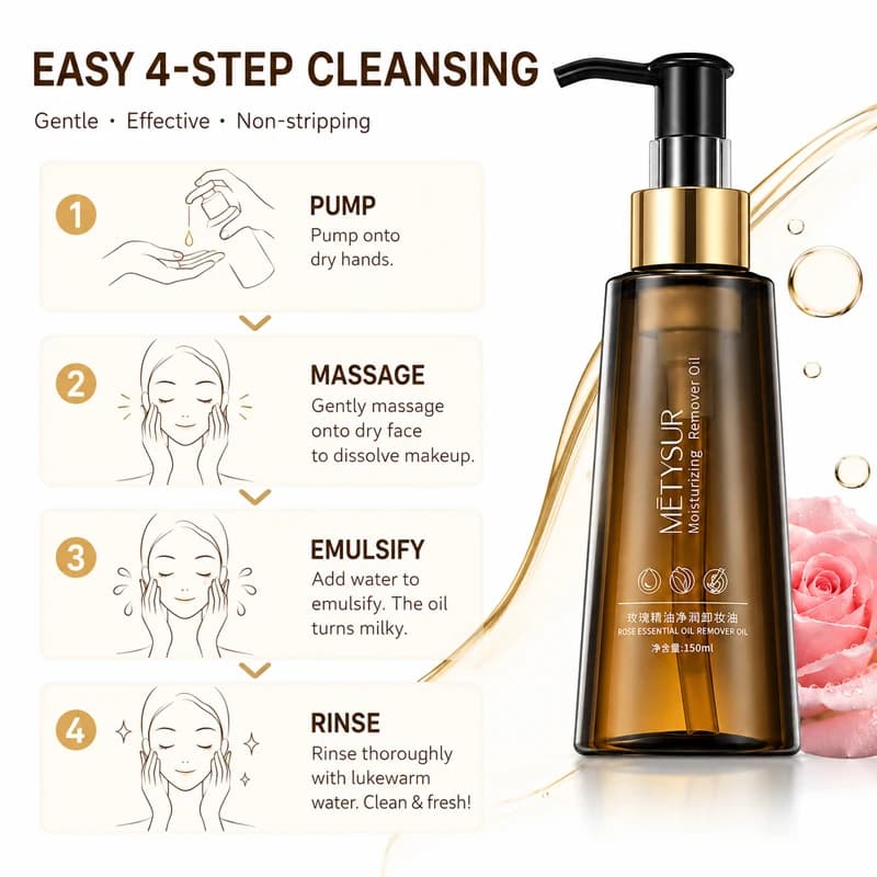 Démaquillant à l'huile essentielle de rose 150ml, huile nettoyante en profondeur, nettoyant doux pour le visage, les yeux et les lèvres, démaquillant waterproof